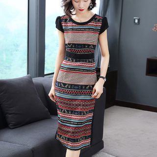 Short-sleeve Patterned Midi Sheath Dress