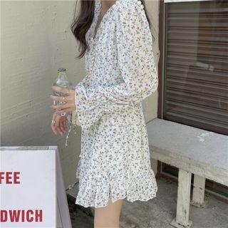 V-neck Floral A-line Mini Dress Off-white - One Size