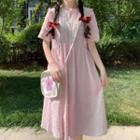 Short-sleeve Floral Print Frill Trim Midi A-line Dress Pink - One Size