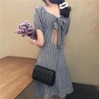 Off-shoulder Plaid Puff-sleeve Dress