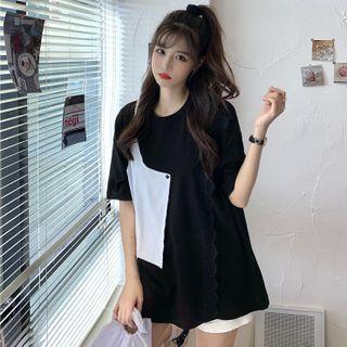 Short-sleeve Lace Trim Paneled T-shirt