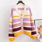 Striped V-neck Cardigan Purple & Pink & Wine Red - One Size