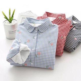 Floral Embroidered Gingham Fleece Lined Long-sleeve Shirt
