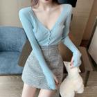 Plain V-neck Single-breasted Slim-fit Long-sleeve Knit Top / Plain High-waist A-line Skirt