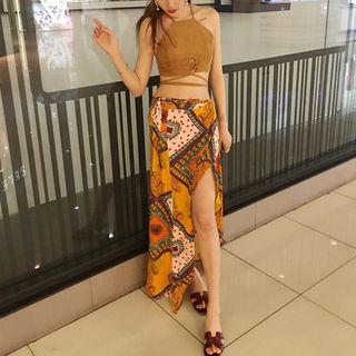 Set: Open Back Cropped Camisole Top + Printed Midi Skirt
