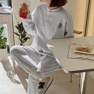 Bear-embroidered Henley Sweatshirt
