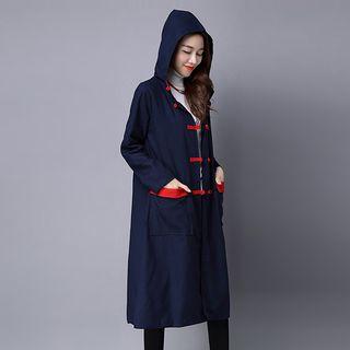 Chinese Frog Button Hooded Longline Jacket