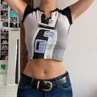 Print Short Raglan Sleeve V-neck T-shirt