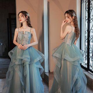 Spaghetti Strap Ruffled Lace-up Evening Gown