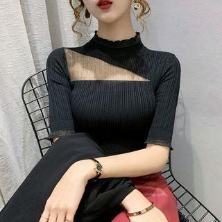 Short-sleeve Mesh Panel Mock-neck Knit Top