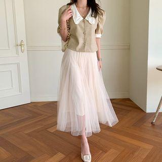 Chelsea-collar Plaid Blouse Beige - One Size