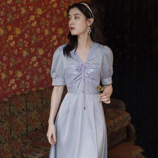 Plaid Panel V-neck Short-sleeve Midi A-line Dress