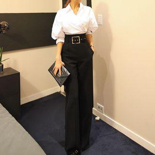 Puff-sleeve Shirt / Wide-leg Dress Pants / Belt / Set