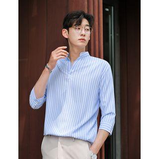 Mandarin-collar Open-placket Striped Shirt