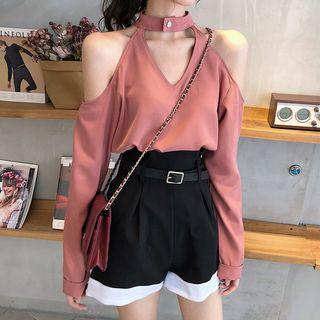 Long-sleeve Cut Out Top/ Two-tone Wide-leg Shorts