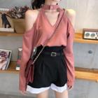 Long-sleeve Cut Out Top/ Two-tone Wide-leg Shorts