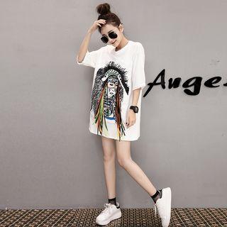 Printed Tasseled 3/4 Sleeve T-shirt Dress