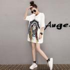 Printed Tasseled 3/4 Sleeve T-shirt Dress