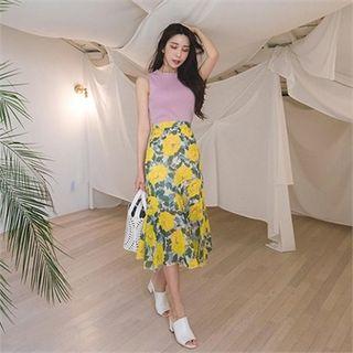 Set: Sleeveless Knit Top + Floral Mermaid Skirt