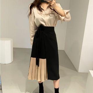 Tie Waist Blouse / Pleated Midi Skirt