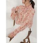 Flower Print Chiffon Blouse Floral - Red - One Size