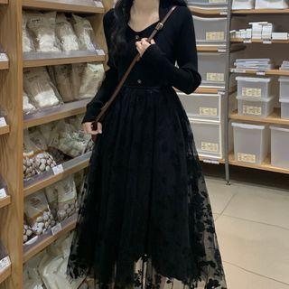 Long-sleeve Flower Print Panel Midi A-line Dress Black - One Size