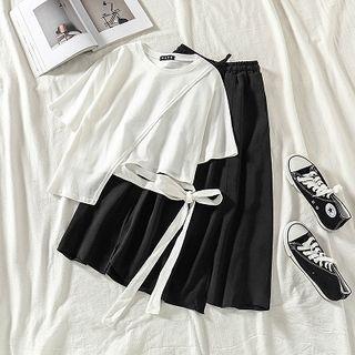 Plain Crewneck Short-sleeve Lace-up Top / High-waist Skirt