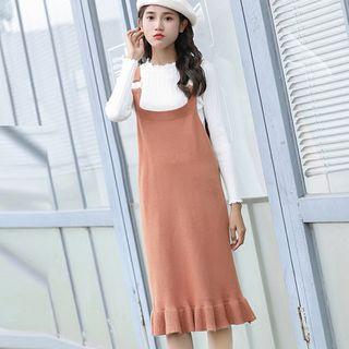 Ruffle Hem Midi Knit Pinafore Dress