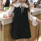 Frilled Trim Collared Lace-up Blouse / Beaded Pinafore Dress