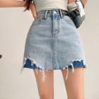 High-waist Frayed Two-tone Denim Mini Skirt