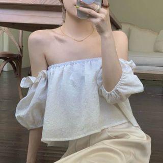 Off-shoulder Puff-sleeve Plain Crop Top