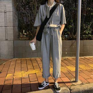 Plain Elbow-sleeve Tie-waist Jumpsuit