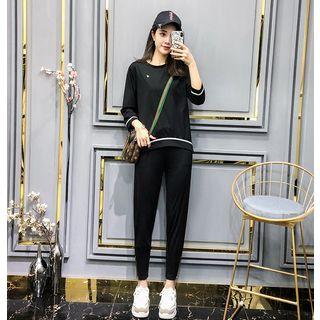 Set: Contrast Trim 3/4-sleeve T-shirt + Cropped Pants