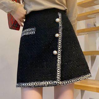 Contrast Trim Tweed Buttoned Mini Skirt