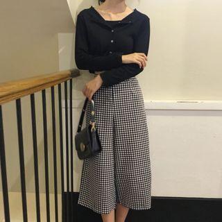 Set: Plain Camisole + Plain Button Jacket / Cropped Plaid Wide-leg Pants