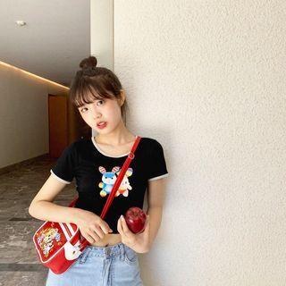 Short-sleeve Rabbit Print Crop Top