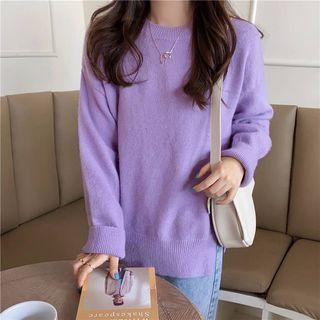 Slit-side Crewneck Plain Knit Top