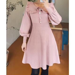 Frill-collar Button-trim Knit Dress Pink - One Size