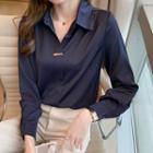 Long-sleeve Open-collar Silky Blouse