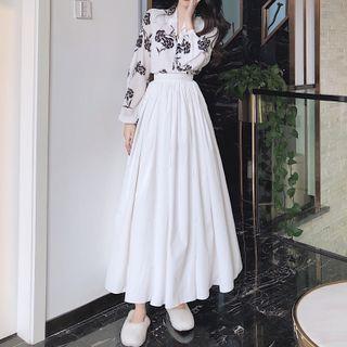 Set: Floral Print Shirt + Midi A-line Skirt
