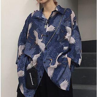 Crane Print 3/4-sleeve Shirt
