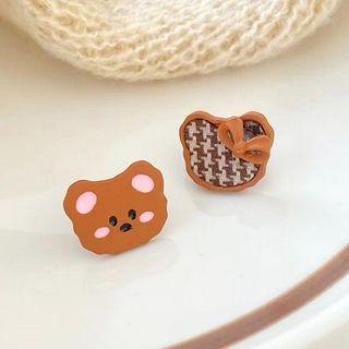 Bear Asymmetrical Alloy Earring Stud Earring - 1 Pair - S925 Silver Stud - Brown - One Size