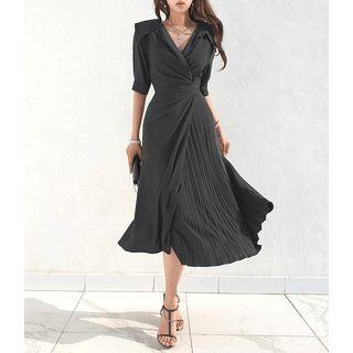 Collared Pleated Long Wrap Dress