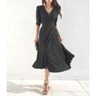 Collared Pleated Long Wrap Dress