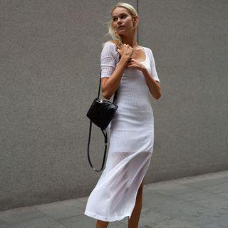 Set: Spaghetti Strap Mini Bodycon Dress + Short-sleeve Slit Midi Sheath Dress