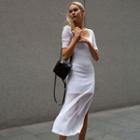 Set: Spaghetti Strap Mini Bodycon Dress + Short-sleeve Slit Midi Sheath Dress