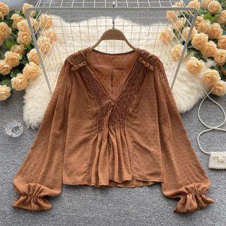 V-neck Dotted Ruched Long-sleeve Top