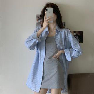 Sleeveless Plain Mini Dress / Striped Shirt / Set