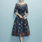 Floral Embroidery Elbow-sleeve Cocktail Dress