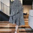 Banded-waist Asymmetric-waist Floral-pattern Midi Skirt